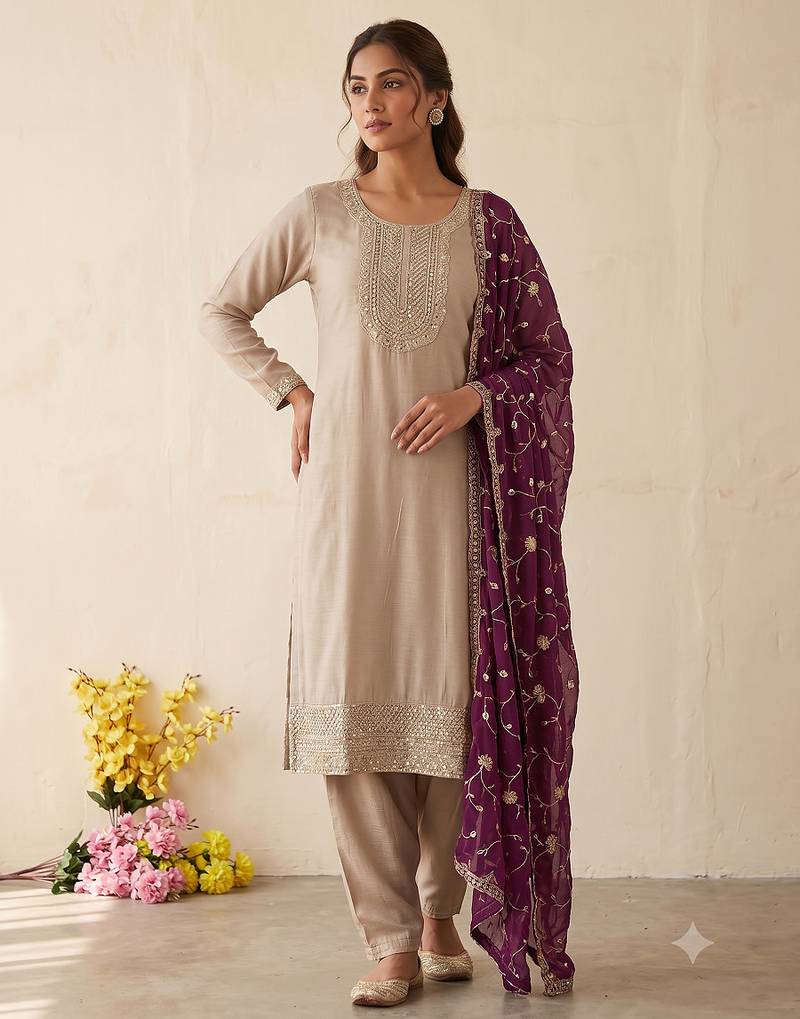 Festive wear beige kurta and wine dupatta  suit set