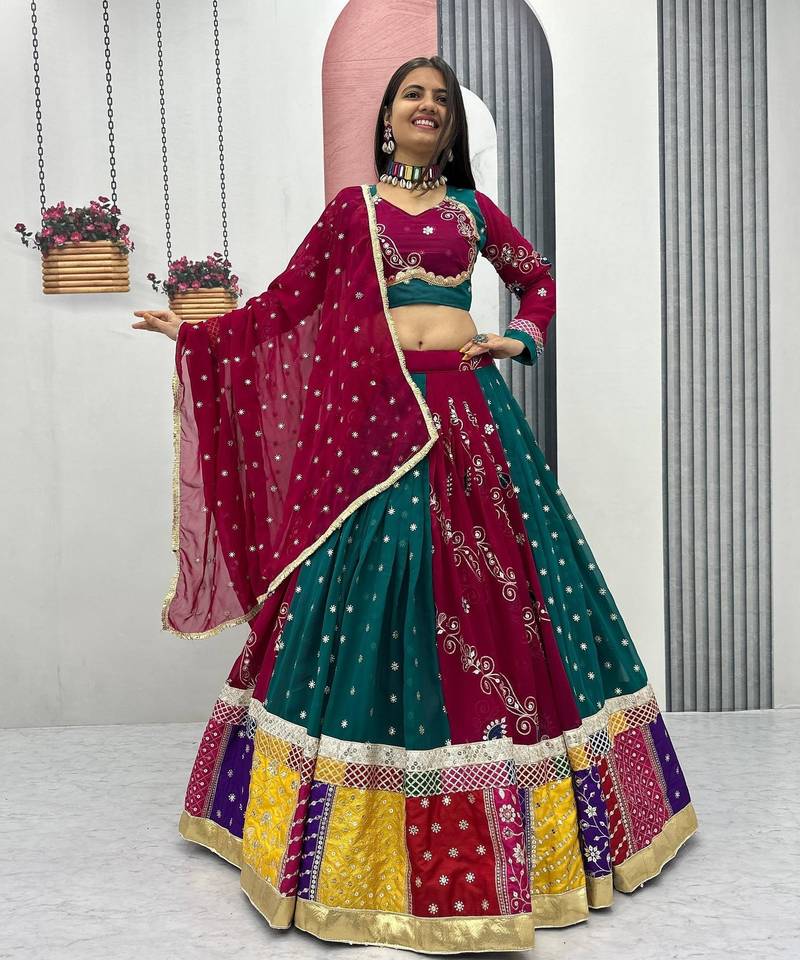Maroon Embroidery Thread & Sequin work and Lumpi Lace Border Navratri Faux Georgette Navratri Lahenga Choli Set