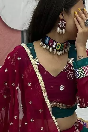 Maroon Embroidery Thread & Sequin work and Lumpi Lace Border Navratri Faux Georgette Navratri Lahenga Choli Set