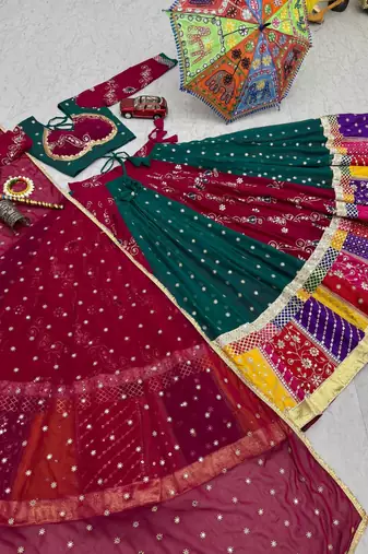 Maroon Embroidery Thread & Sequin work and Lumpi Lace Border Navratri Faux Georgette Navratri Lahenga Choli Set