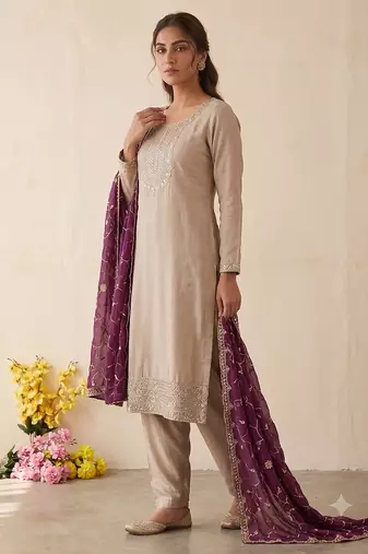 Festive wear beige kurta and wine dupatta  suit set