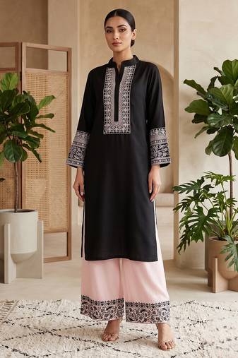 Women black embroidered kurta palazzo set