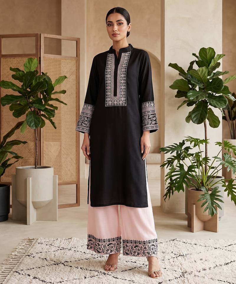 Women black embroidered kurta palazzo set