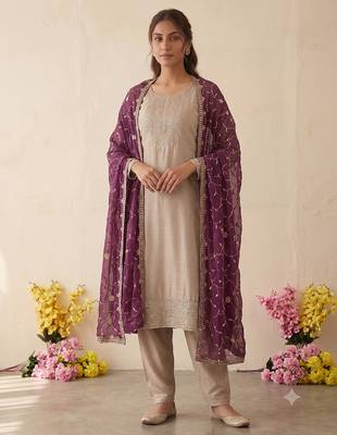 Festive wear beige kurta and wine dupatta  suit set 3
