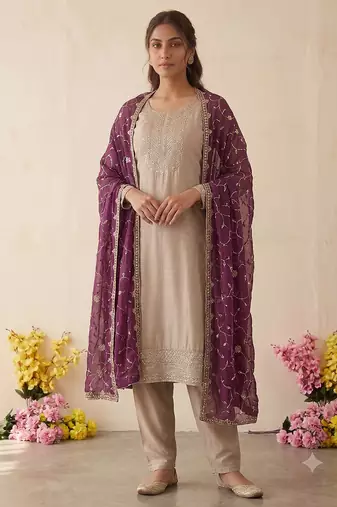Festive wear beige kurta and wine dupatta  suit set