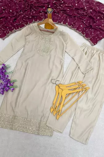 Festive wear beige kurta and wine dupatta  suit set