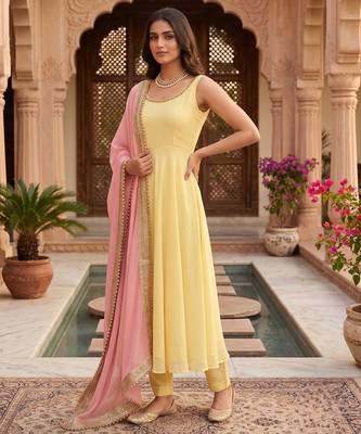 Women yellow anarkali kurta with yellow pant and pink dupatta 2