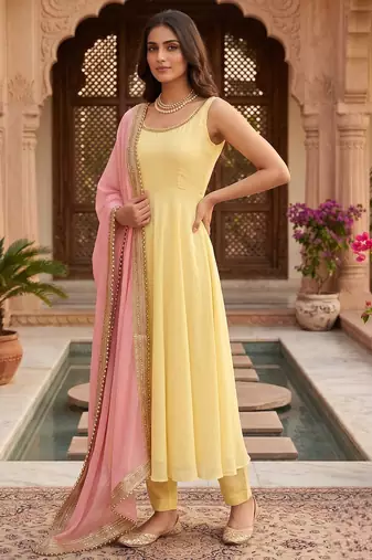 Women yellow anarkali kurta with yellow pant and pink dupatta