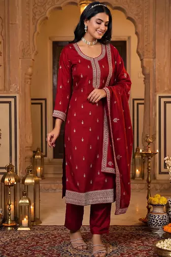 Women embroidered silk blend kurta with pant & dupatta set