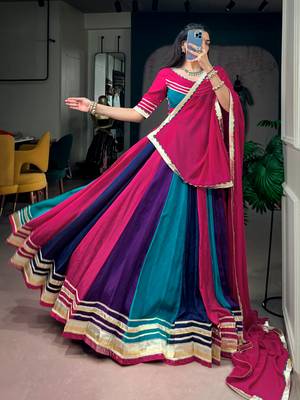 Navratri Multicolor Panel Chinon Free Size Lehenga Choli with Gotta Patti Lace Border Dupatta 1