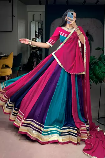 Navratri Multicolor Panel Chinon Free Size Lehenga Choli with Gotta Patti Lace Border Dupatta