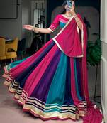 Navratri Multicolor Panel Chinon Free Size Lehenga Choli with Gotta Patti Lace Border Dupatta