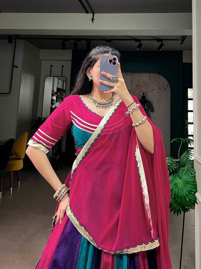 Navratri Multicolor Panel Chinon Free Size Lehenga Choli with Gotta Patti Lace Border Dupatta