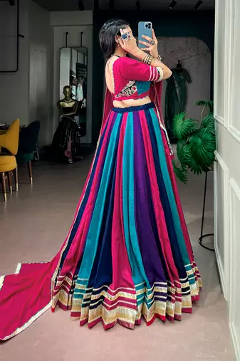 Navratri Multicolor Panel Chinon Free Size Lehenga Choli with Gotta Patti Lace Border Dupatta