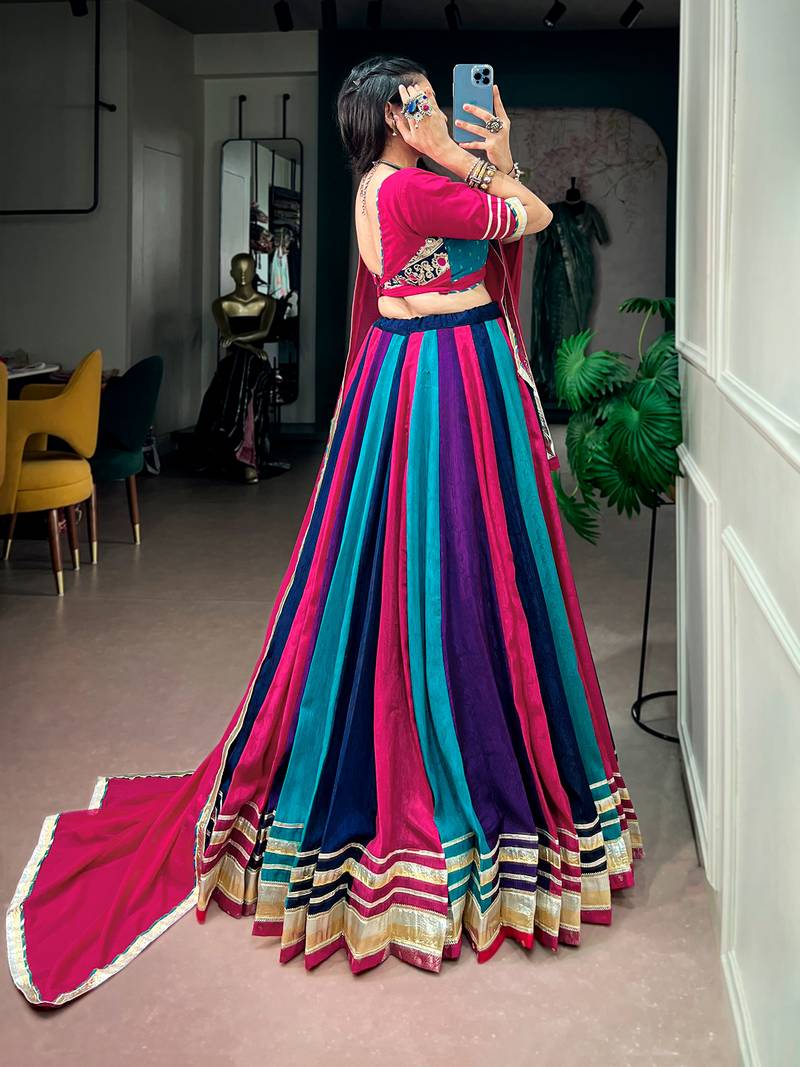 Navratri Multicolor Panel Chinon Free Size Lehenga Choli with Gotta Patti Lace Border Dupatta