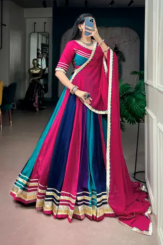 Navratri Multicolor Panel Chinon Free Size Lehenga Choli with Gotta Patti Lace Border Dupatta