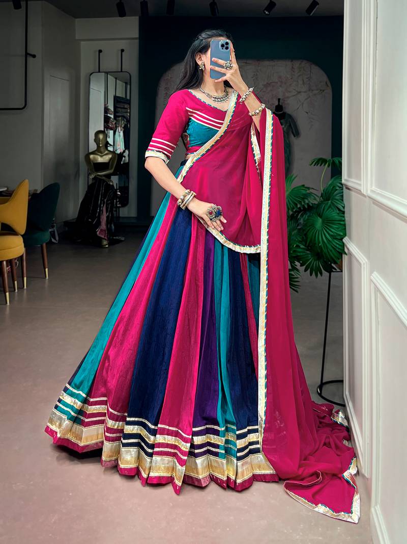 Navratri Multicolor Panel Chinon Free Size Lehenga Choli with Gotta Patti Lace Border Dupatta