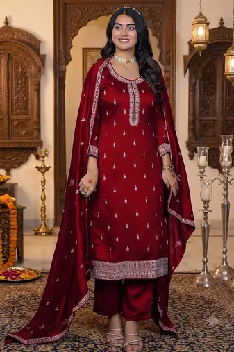 Women embroidered silk blend kurta with pant & dupatta set