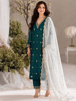 Women teal green embroidered straight kurta with pant & dupatta set 1