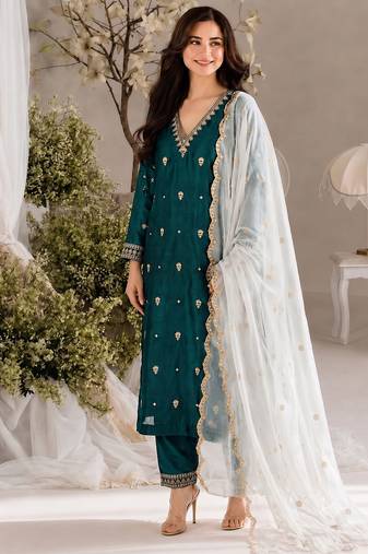 Women teal green embroidered straight kurta with pant & dupatta set