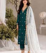 Women teal green embroidered straight kurta with pant & dupatta set
