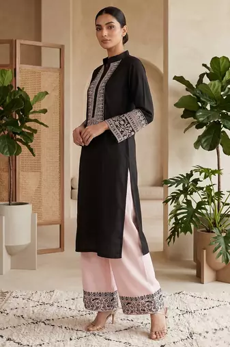 Women black embroidered kurta palazzo set