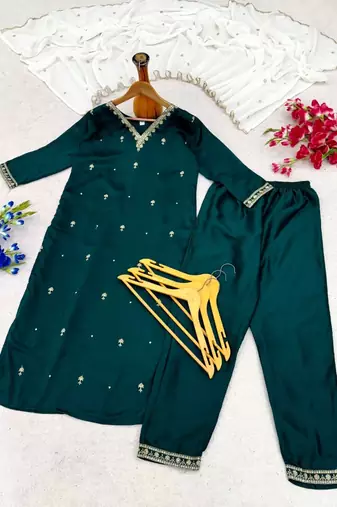 Women teal green embroidered straight kurta with pant & dupatta set