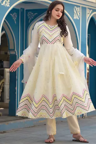 Mirror Embroidered Anarkali Kurta Paired With Trousers & Dupatta