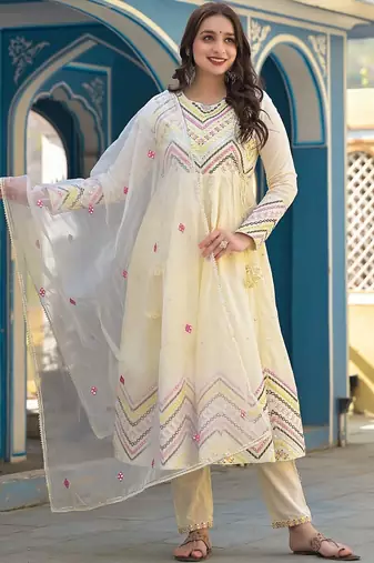 Mirror Embroidered Anarkali Kurta Paired With Trousers & Dupatta