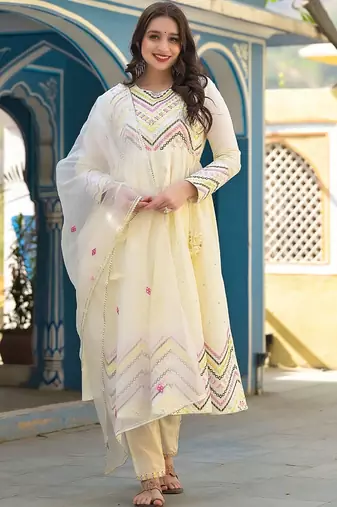 Mirror Embroidered Anarkali Kurta Paired With Trousers & Dupatta