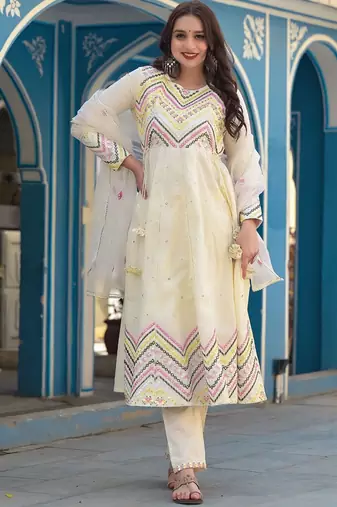 Mirror Embroidered Anarkali Kurta Paired With Trousers & Dupatta