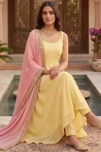 Women yellow anarkali kurta with yellow pant and pink dupatta