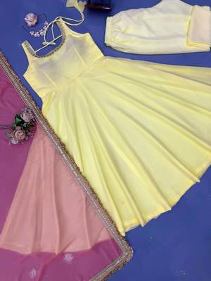 Women yellow anarkali kurta with yellow pant and pink dupatta 4