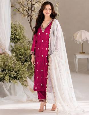 Women deep wine embroidered straight kurta with pant & dupatta set 1