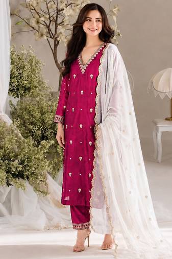 Women deep wine embroidered straight kurta with pant & dupatta set