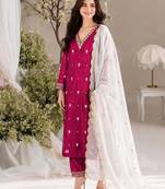 Women deep wine embroidered straight kurta with pant & dupatta set
