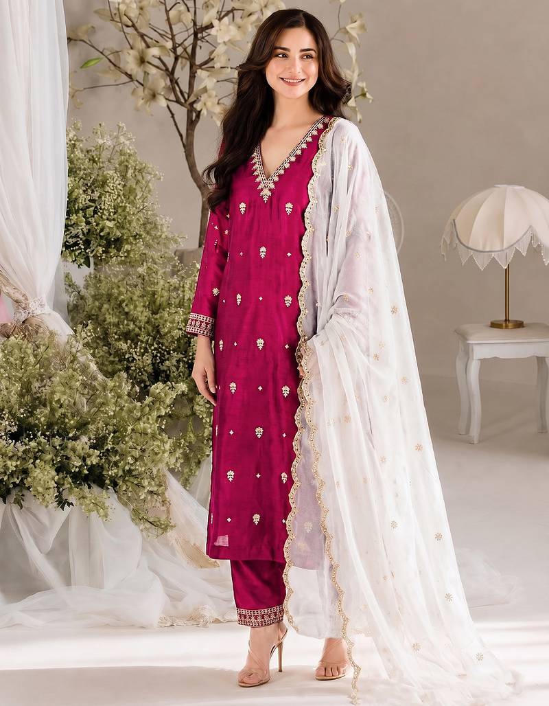 Women deep wine embroidered straight kurta with pant & dupatta set