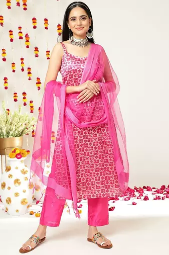 Women Batik Abstract Print Shoulder Straps Straight Kurta With Trousers & Dupatta