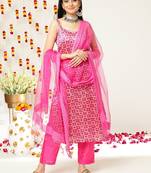 Women Batik Abstract Print Shoulder Straps Straight Kurta With Trousers & Dupatta