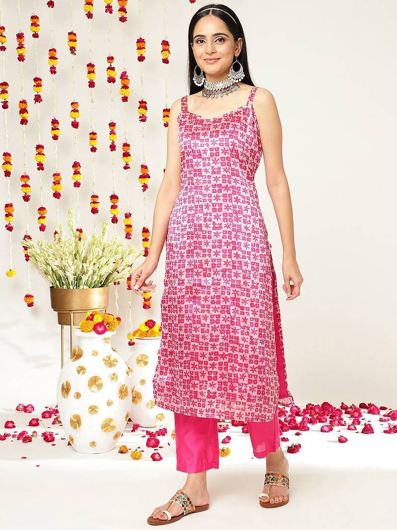 Women Batik Abstract Print Shoulder Straps Straight Kurta With Trousers & Dupatta