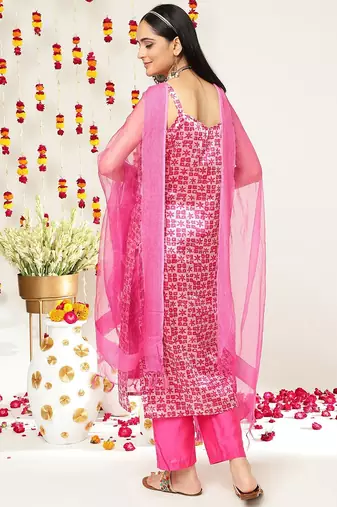 Women Batik Abstract Print Shoulder Straps Straight Kurta With Trousers & Dupatta