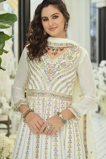 Chinon embroidered off white readymade salwar kameez