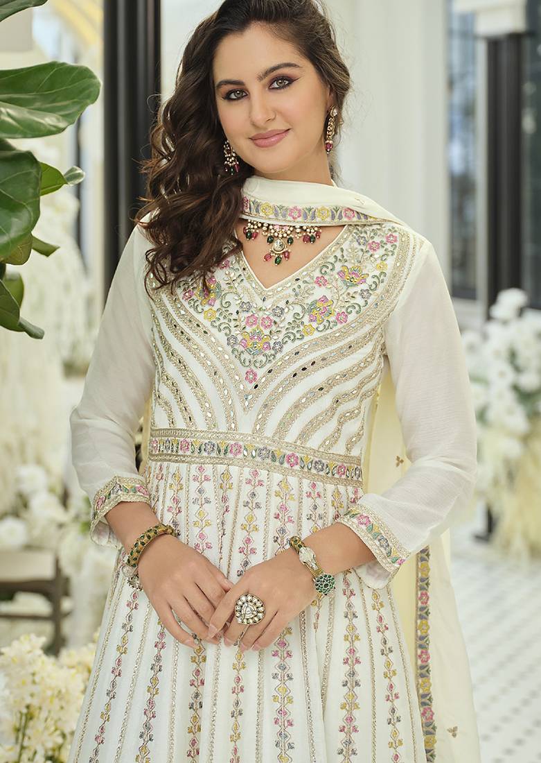Chinon embroidered off white readymade salwar kameez