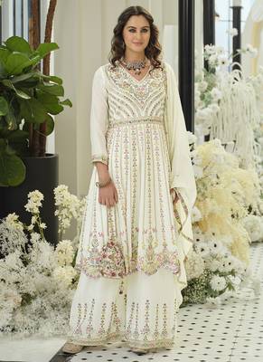 Chinon embroidered off white readymade salwar kameez 1