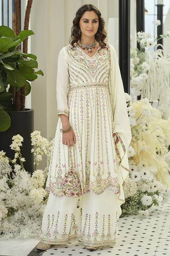 Chinon embroidered off white readymade salwar kameez