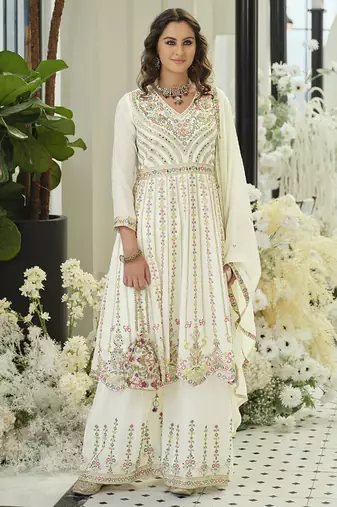 Chinon embroidered off white readymade salwar kameez