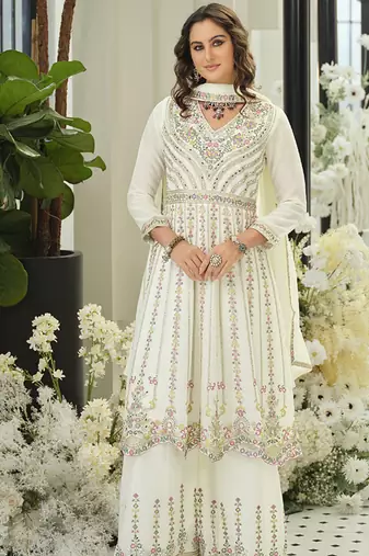 Chinon embroidered off white readymade salwar kameez