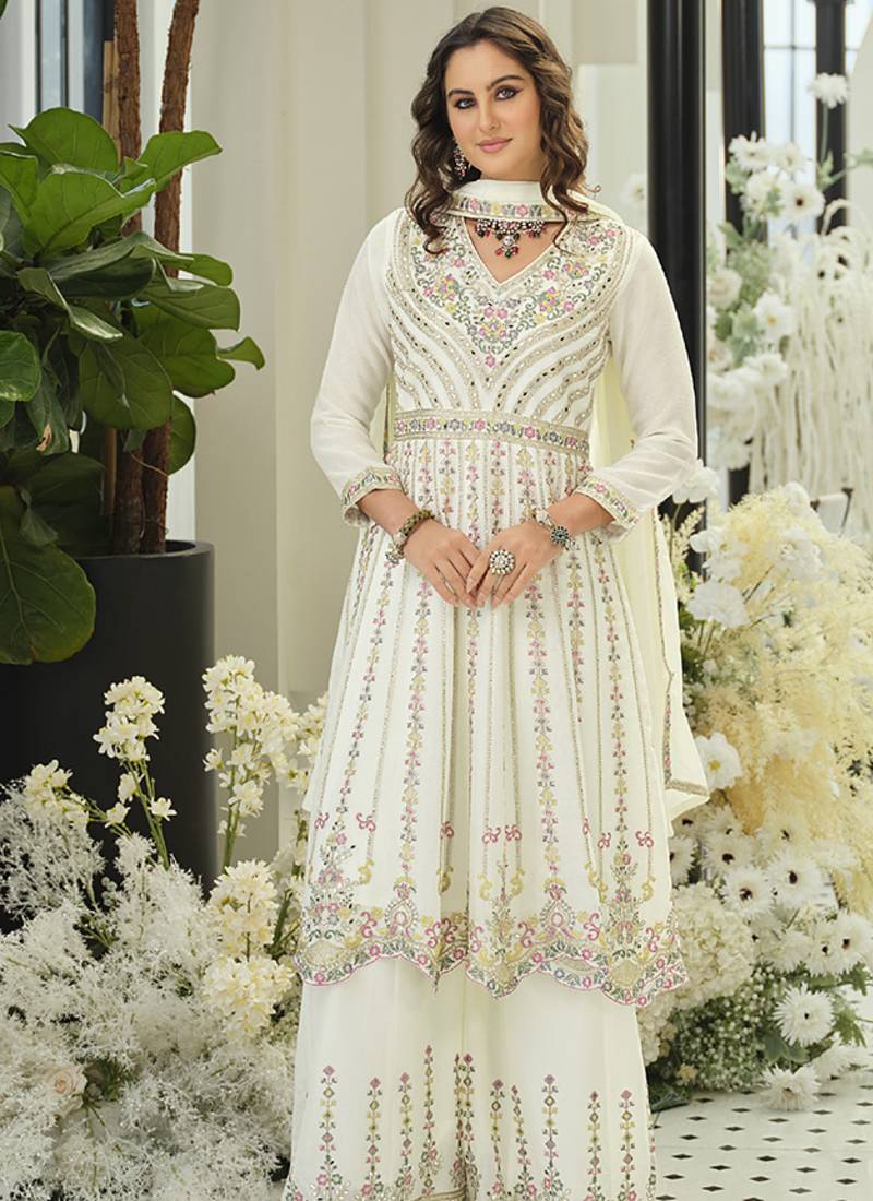 Chinon embroidered off white readymade salwar kameez