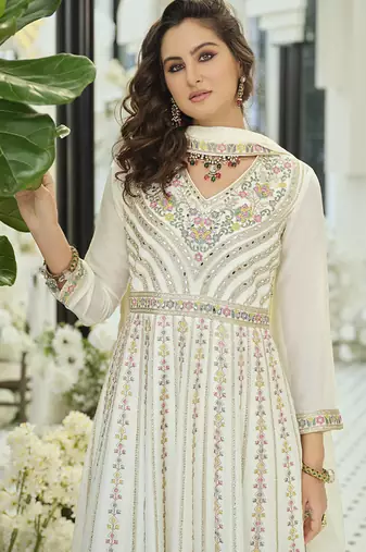 Chinon embroidered off white readymade salwar kameez