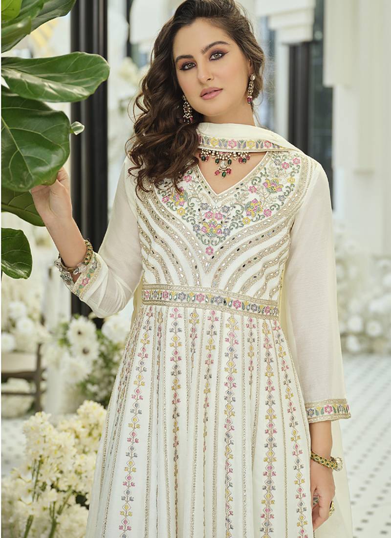Chinon embroidered off white readymade salwar kameez